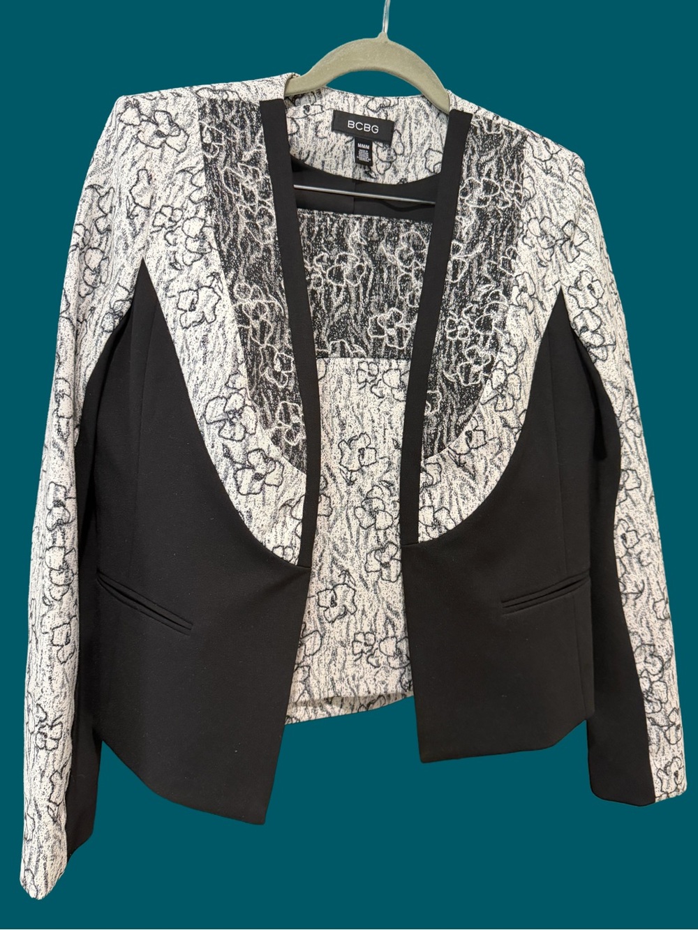 BCBG Black and White Floral Jacquard Open-Front Blazer and matching skirt.